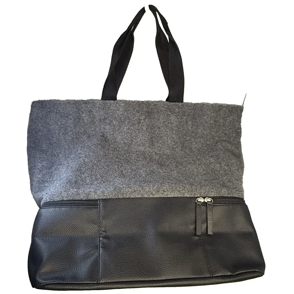 DSW Large Tote Bag Felt Travel Weekender Canvas Bottom Zip Pockets EUC